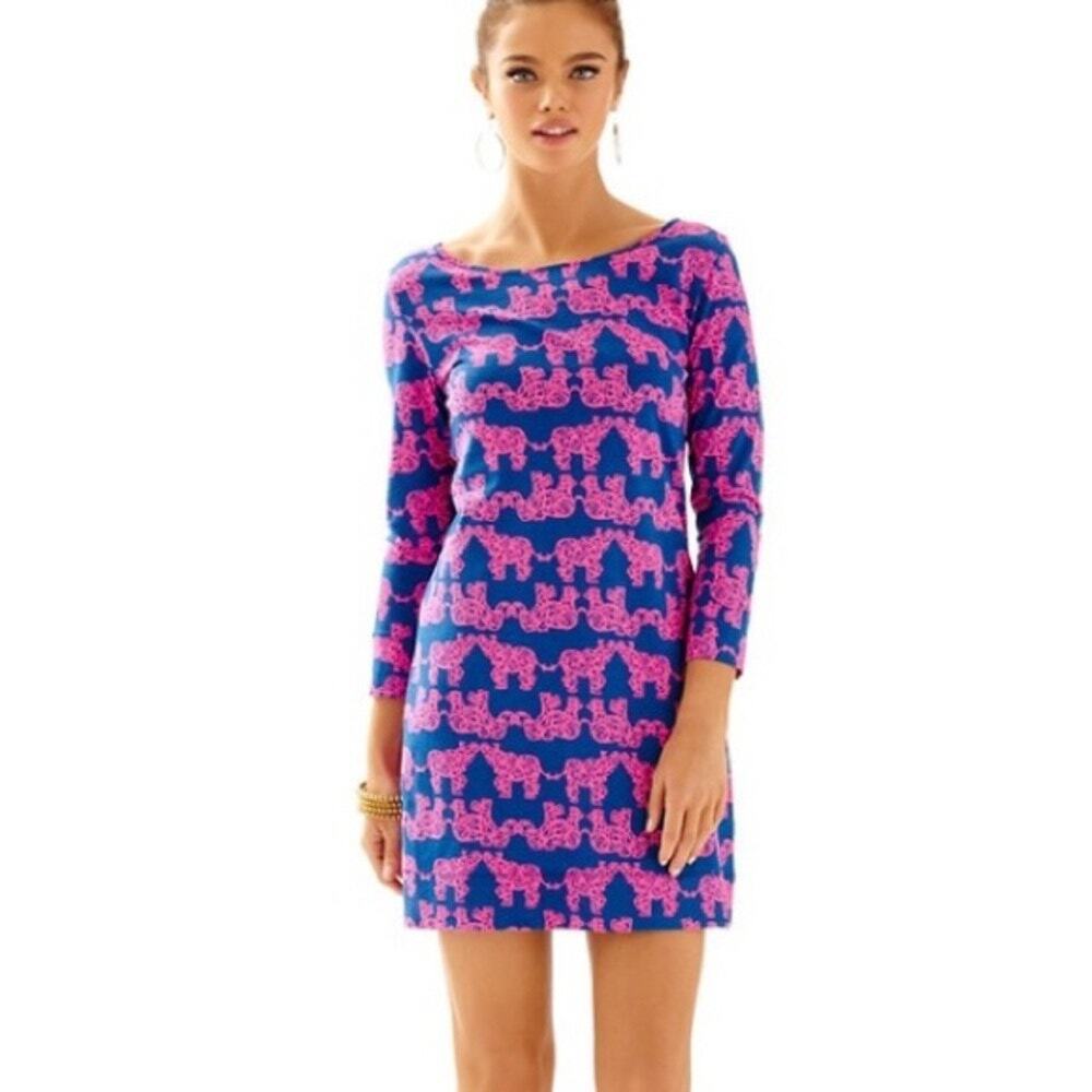 Lilly Pulitzer Marlowe Elephant Print 3/4 Sleeve Sheath Mini Dress Blue Pink S